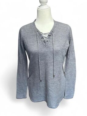 Lace-Up V-Neck Knit Sweater - Gray